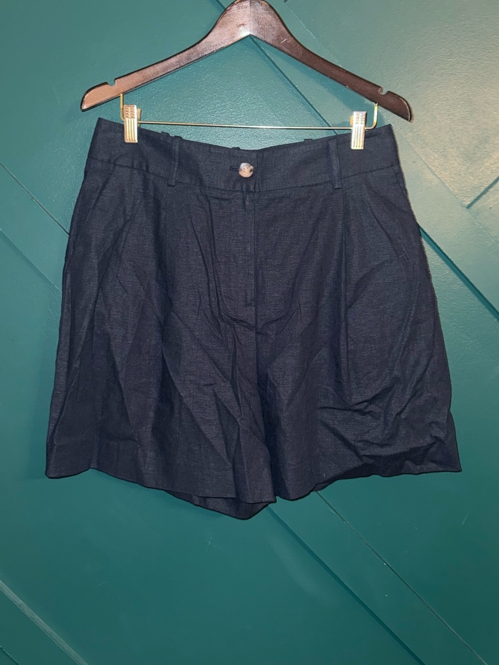 Alex Marie Dark Navy Pleated Bermudas Tailored Fit Linen Blend